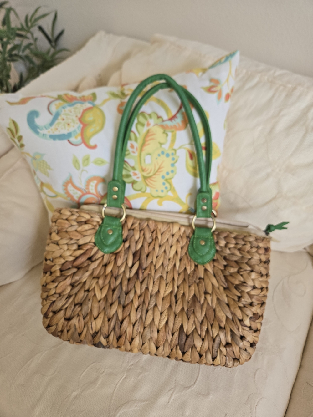 Straw Studios Natural Woven Tote with Green Handles